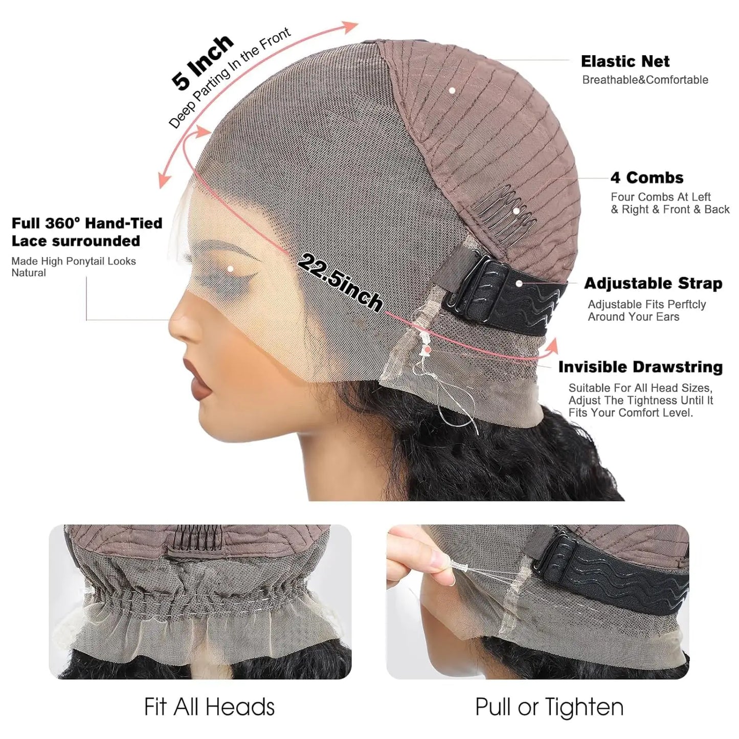 Invisible Strap HD 360 Lace Front Wig Human Hair Deep Curly Precut 360 Full Lace Wig Drawstring Snug Fit Glueless Wig Human Hair - EverHype