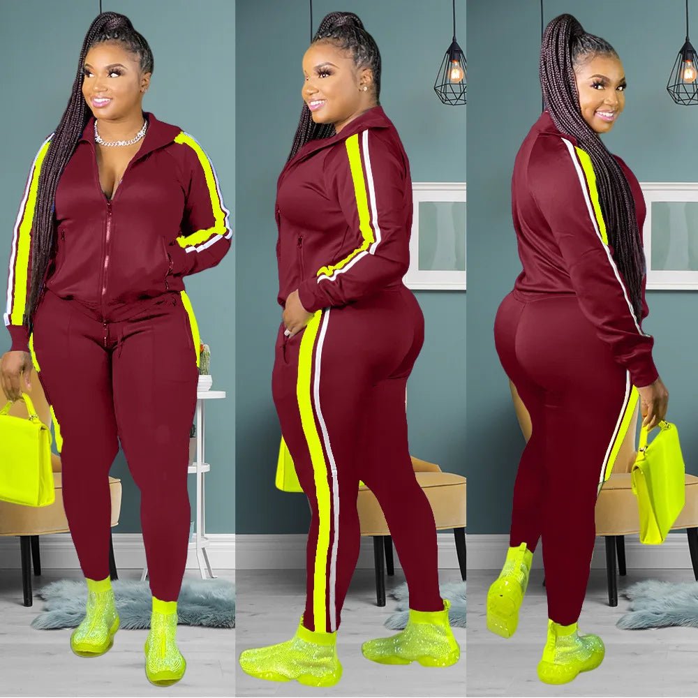 L - 4XL Sport large plus size two piece set women clothing Splicing zip long sleeve top and pants suit Wholesale dropshopping - EverHype