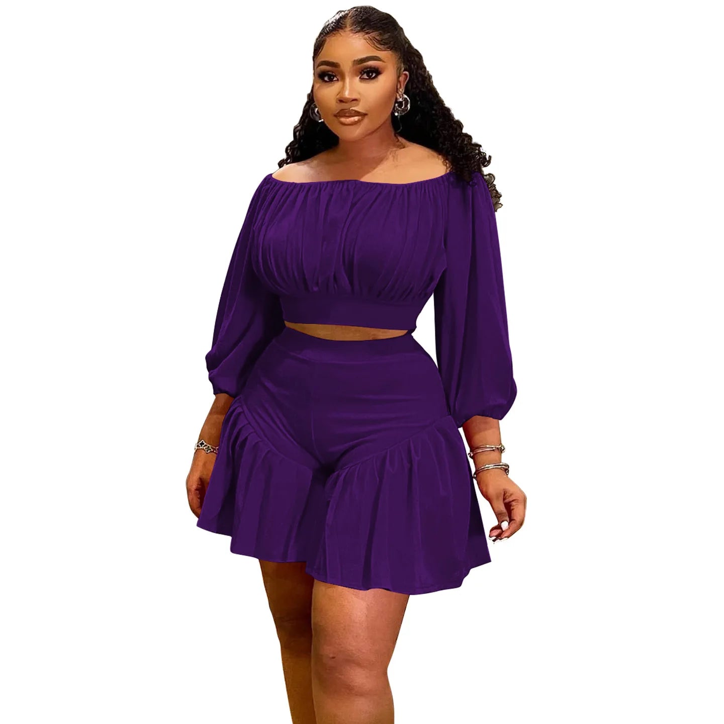 Plus Size 2 - Piece Set - Long Sleeve Slash Neck Top & Shorts for Women - EverHype