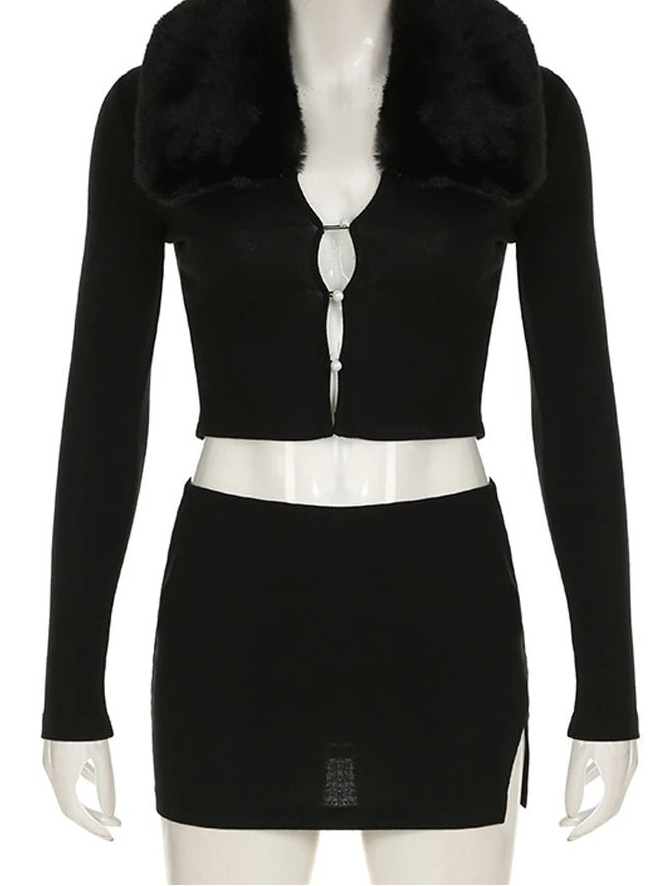 BKQU Sexy Fur Collar Hollow Crop Top Mini Skirt Women 2 Piece Set Autumn Elegant Knitted Bodycon Nightclub Dress Outfits 2024 - EverHype