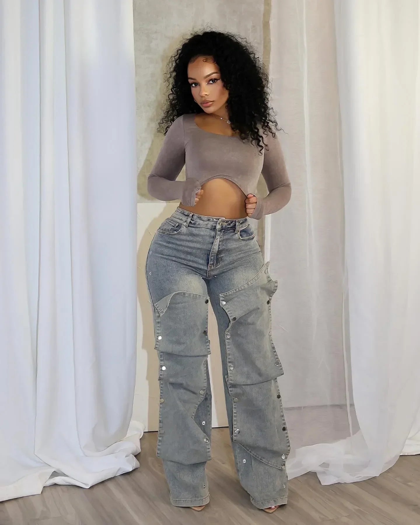 Button Cutout Cargo Wide Leg Jeans - Streetwear Denim Pants | EverHype 2026 - EverHype