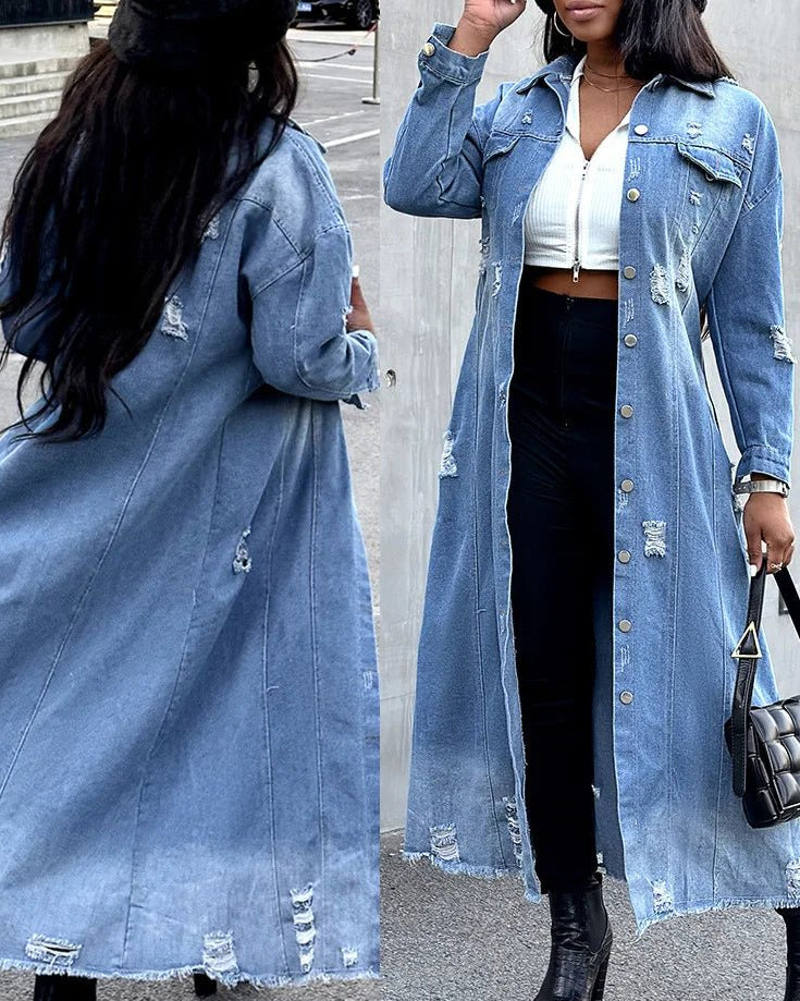 Ripped Raw Hem Button Front Longline Denim Coat Women Cardigan Breasted Holes Jackets Pockets High Street Outerwear Autumn - EverHype