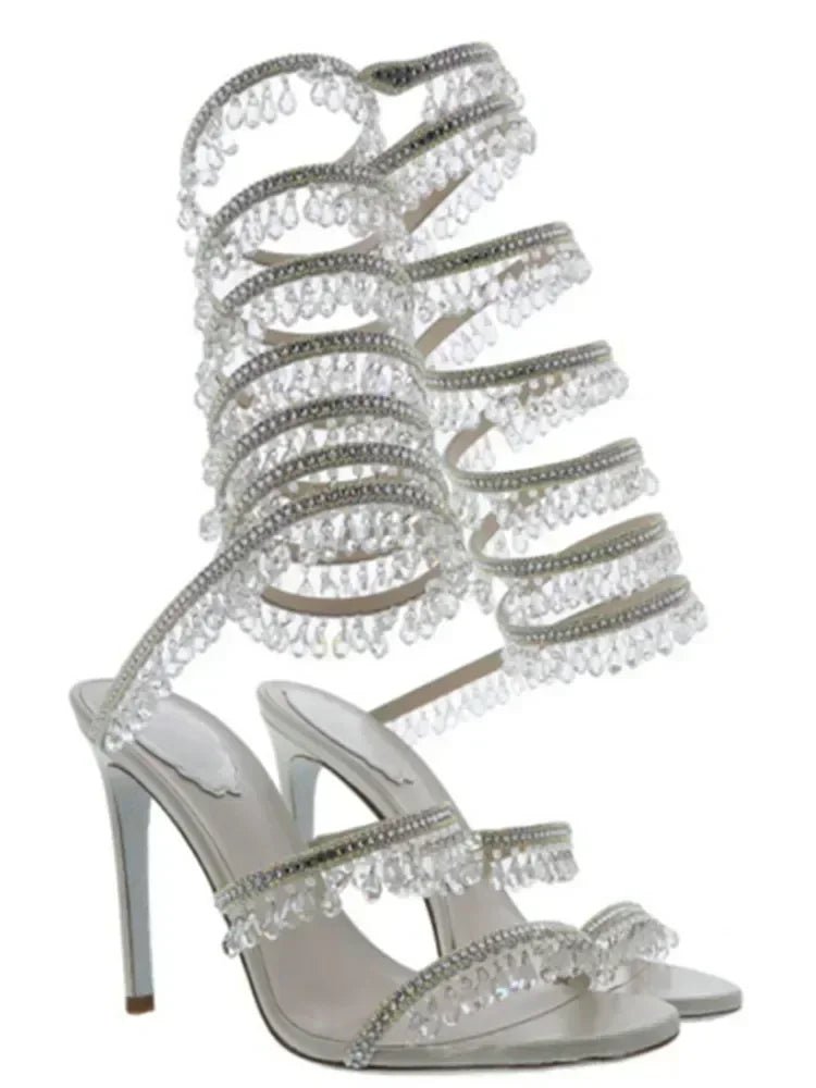 2025 Women's New Fashion Tassel Crystal Shoes Sexy Banquet Party Stiletto High Heels Women's Large Sandals Dance Shoes - EverHype