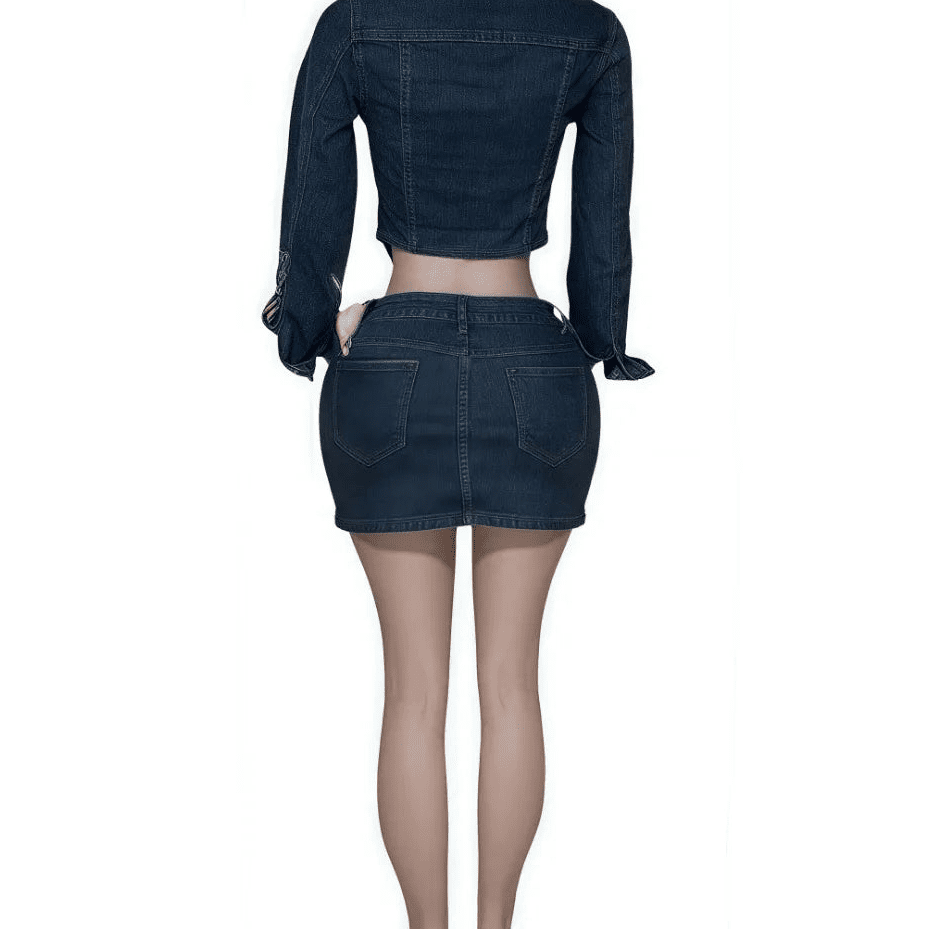 Denim 2 - Piece Set - Patchwork Crop Jacket & Skirt Outfit for Women - EverHype