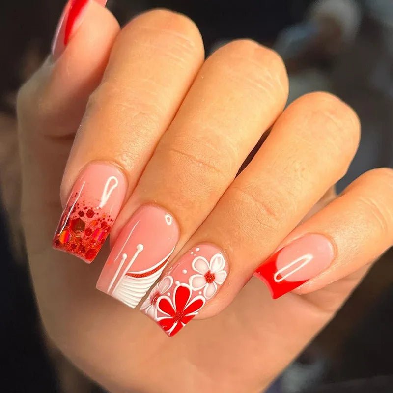24Pcs Short Square Head Fake Nail with Colorful Flower Designs Wearable French False Nails Ballet Finished Jelly Stick on Nails - EverHype