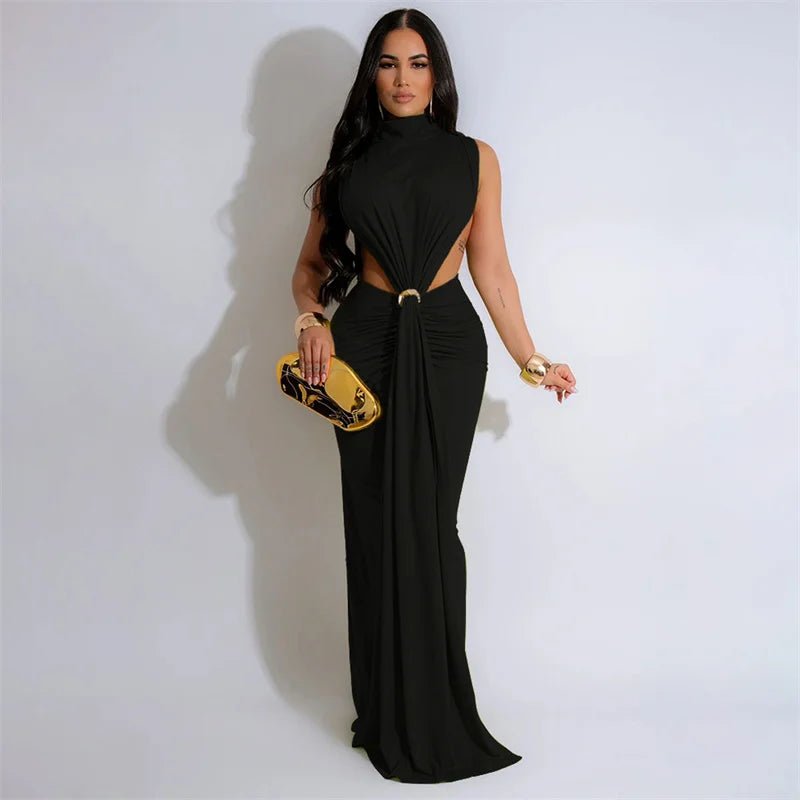 Elegant Celebrity Mermaid Maxi Dress Women Birthday Night Party Evening Prom Metal Ring Cutout Ruched Ribbon Formal Long Dresses - EverHype