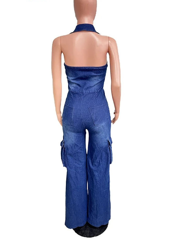 Mlaiscsr Women Clothing Blue Denim One Piece Jumpsuit Halter Backless Sleeveless Straight Jean Overalls Cargo Pants Rompers New - EverHype