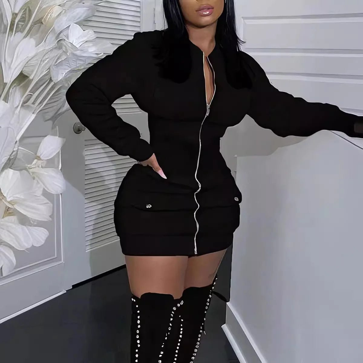 Fashion Long Sleeve Zipper Black Mini Dress Women 2025 Autumn Winter Sexy Bodycon Dresses For Women Robe Femme - EverHype