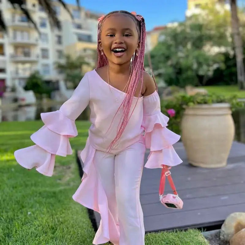 Girls Pink Off - Shoulder Set - Long Sleeve Top & Ruffled Pants Outfit - EverHype