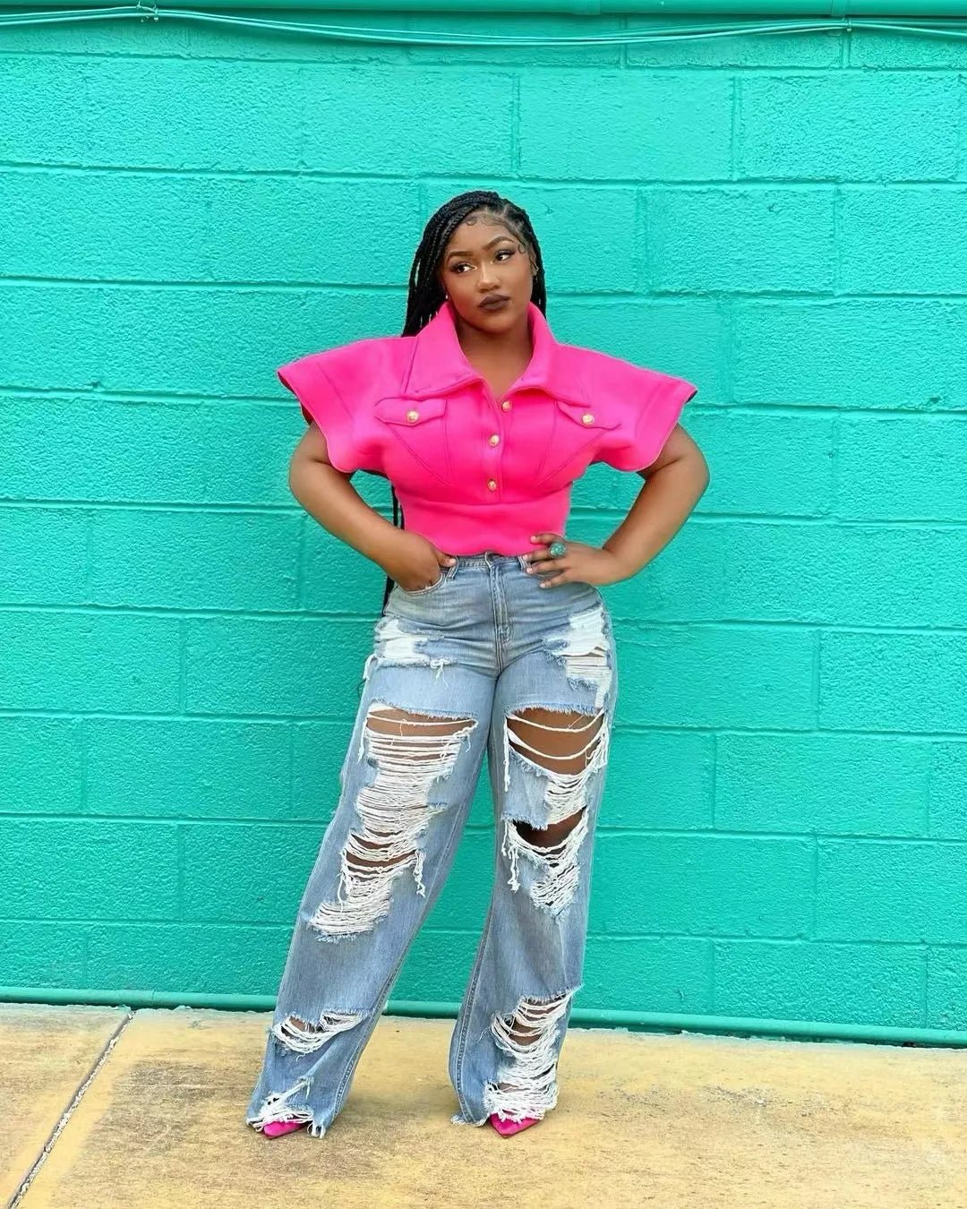 Jeans Women Long Pants Elegant Splice Denim Pant Slim Fit Sexy Hole High Waist Button Pocket Straight Trousers Summer 2024 - EverHype