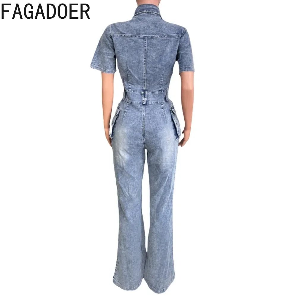 FAGADOER Blue Denim Jumpsuits Women Fashion Short Sleeve Lapel Cargo Pocket Stretchy Bodycon One Pieces Jeans Overall Streetwear - EverHype
