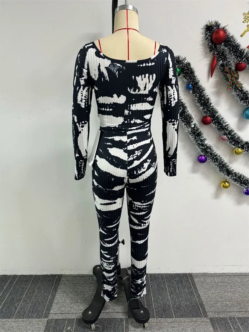 2024 Printing Knitted Two Piece Women Sets Casual Outfits Square Collar Long Sleeve Crop Top and Pants Matching Sets Loungewear - EverHype