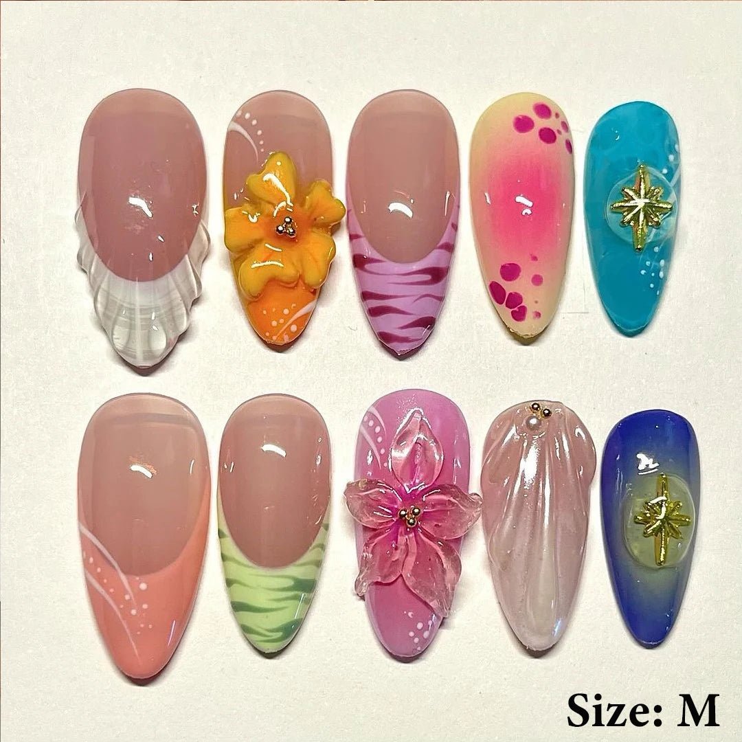 Summer Nails Shell 3D Jelly Spring Flowers Gel Nail Art Vacation Holiday Trendy Flower Almond French Tip Handmade Press on Nails - EverHype