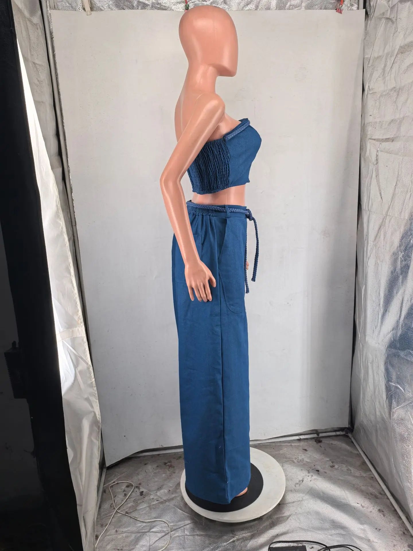 Women's Denim 2 - Piece Set - Strapless Crop Top & Wide Leg Jeans | Streetwear Outfit - EverHype