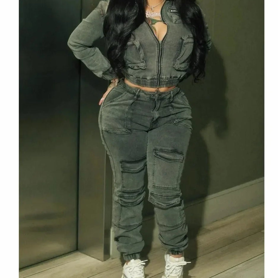 Women's Denim 2 - Piece Set - Zip Crop Jacket & Cargo Jeans | Streetwear Outfit - EverHype