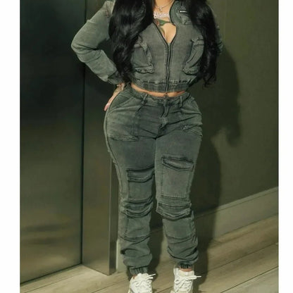 Women's Denim 2 - Piece Set - Zip Crop Jacket & Cargo Jeans | Streetwear Outfit - EverHype