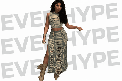 Denim 2 - Piece Set - Hollow Crop Top & Slit Skirt Outfit for Women - EverHype