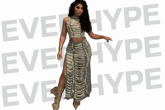 Denim 2 - Piece Set - Hollow Crop Top & Slit Skirt Outfit for Women - EverHype