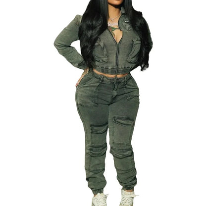 Women's Denim 2 - Piece Set - Zip Crop Jacket & Cargo Jeans | Streetwear Outfit - EverHype