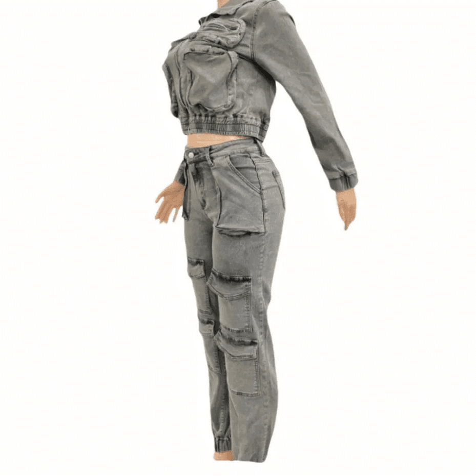 Women's Denim 2 - Piece Set - Zip Crop Jacket & Cargo Jeans | Streetwear Outfit - EverHype