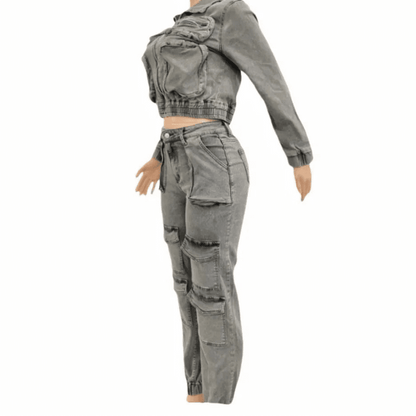 Women's Denim 2 - Piece Set - Zip Crop Jacket & Cargo Jeans | Streetwear Outfit - EverHype