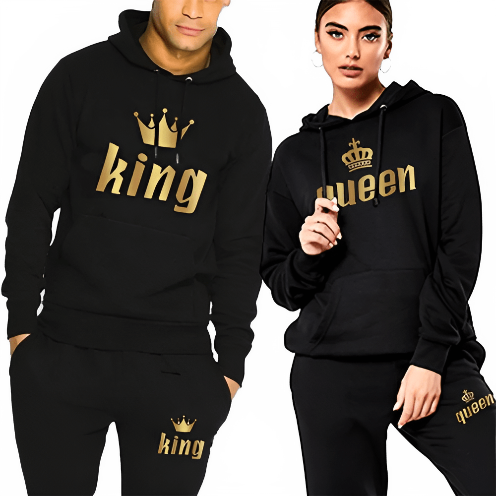 👑 King & Queen Couple Sweatsuit Bundle - 4 Piece Set | His & Hers Matching Hoodie & Jogger Pants - EverHype