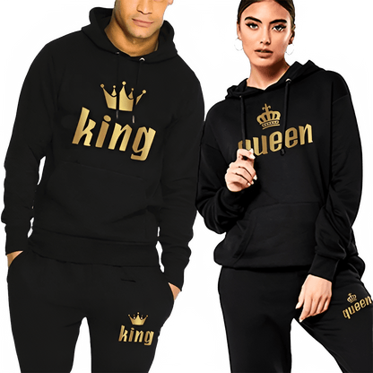 👑 King & Queen Couple Sweatsuit Bundle - 4 Piece Set | His & Hers Matching Hoodie & Jogger Pants - EverHype