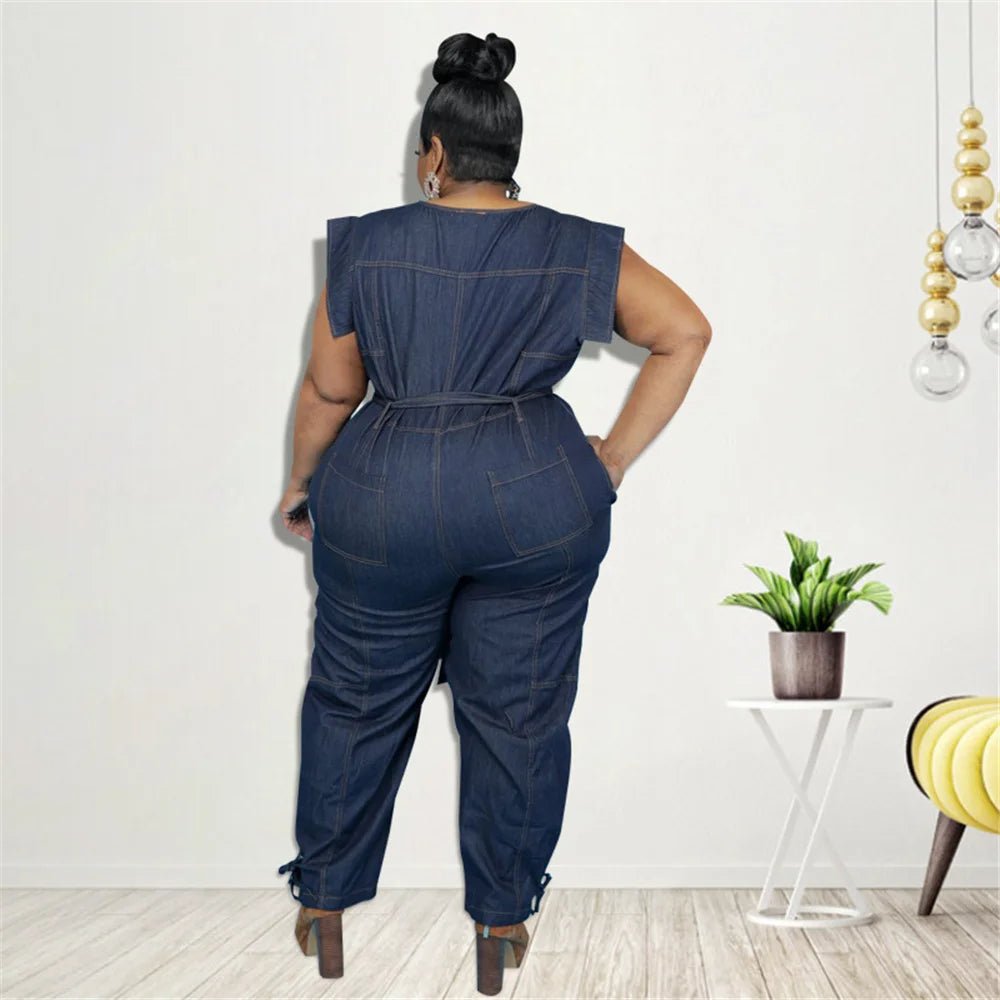 Jumpsuit Plus Size Women Clothing Denim Round Neck Lace Up Sleeveless Trousers Pocket Stretch Bodysuit Wholesale Dropshipping - EverHype