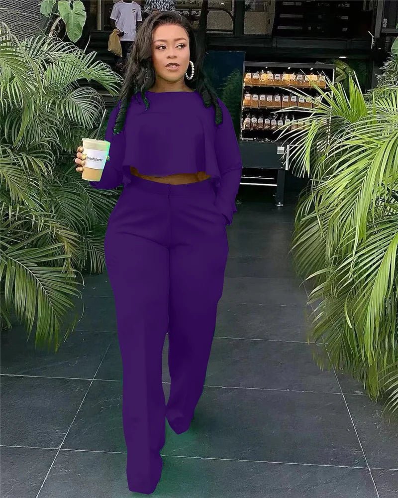 Elegant Work Wear Two Piece Set Fall Clothes for Women Ruffles Crop Top and Wide Leg Pants Suits Matching Sets Sexy Club Outfits - EverHype