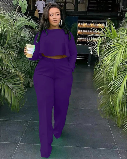 Elegant Work Wear Two Piece Set Fall Clothes for Women Ruffles Crop Top and Wide Leg Pants Suits Matching Sets Sexy Club Outfits - EverHype