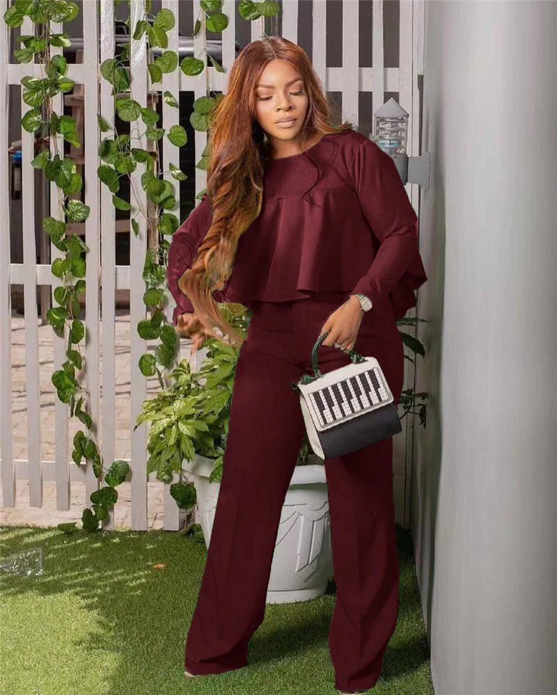 Elegant Work Wear Two Piece Set Fall Clothes for Women Ruffles Crop Top and Wide Leg Pants Suits Matching Sets Sexy Club Outfits - EverHype