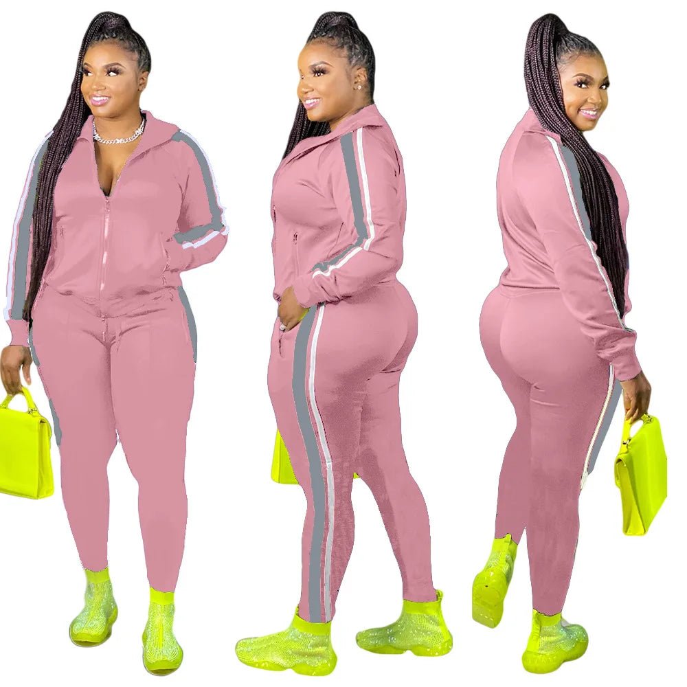 L - 4XL Sport large plus size two piece set women clothing Splicing zip long sleeve top and pants suit Wholesale dropshopping - EverHype