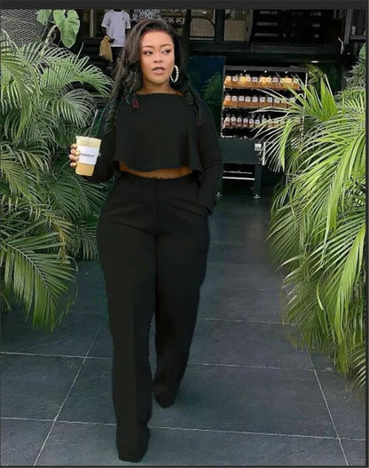 Elegant Work Wear Two Piece Set Fall Clothes for Women Ruffles Crop Top and Wide Leg Pants Suits Matching Sets Sexy Club Outfits - EverHype