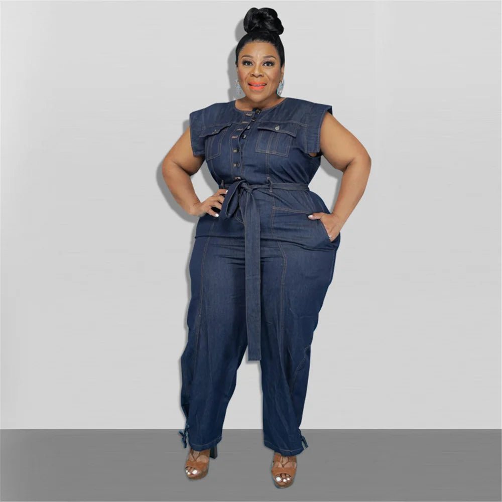 Jumpsuit Plus Size Women Clothing Denim Round Neck Lace Up Sleeveless Trousers Pocket Stretch Bodysuit Wholesale Dropshipping - EverHype