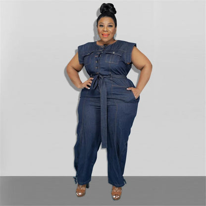 Jumpsuit Plus Size Women Clothing Denim Round Neck Lace Up Sleeveless Trousers Pocket Stretch Bodysuit Wholesale Dropshipping - EverHype