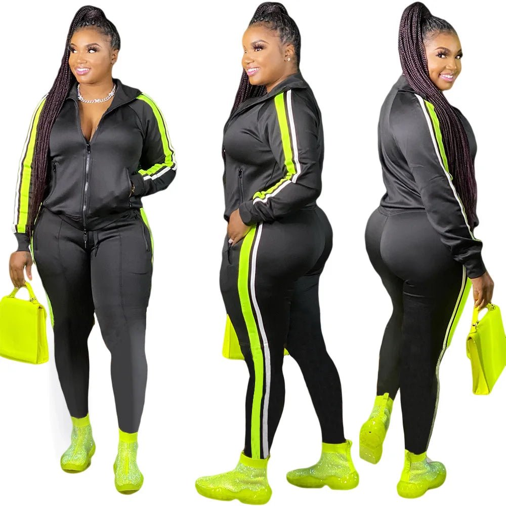 L - 4XL Sport large plus size two piece set women clothing Splicing zip long sleeve top and pants suit Wholesale dropshopping - EverHype