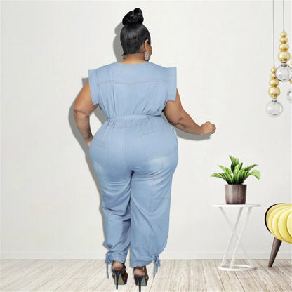 Jumpsuit Plus Size Women Clothing Denim Round Neck Lace Up Sleeveless Trousers Pocket Stretch Bodysuit Wholesale Dropshipping - EverHype
