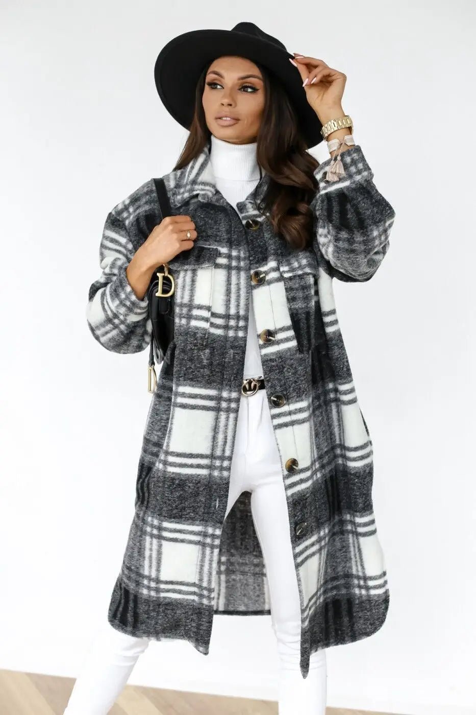Winter Checked Jacket - Oversized Wool Blend Coat for Women | Warm Outerwear - EverHype