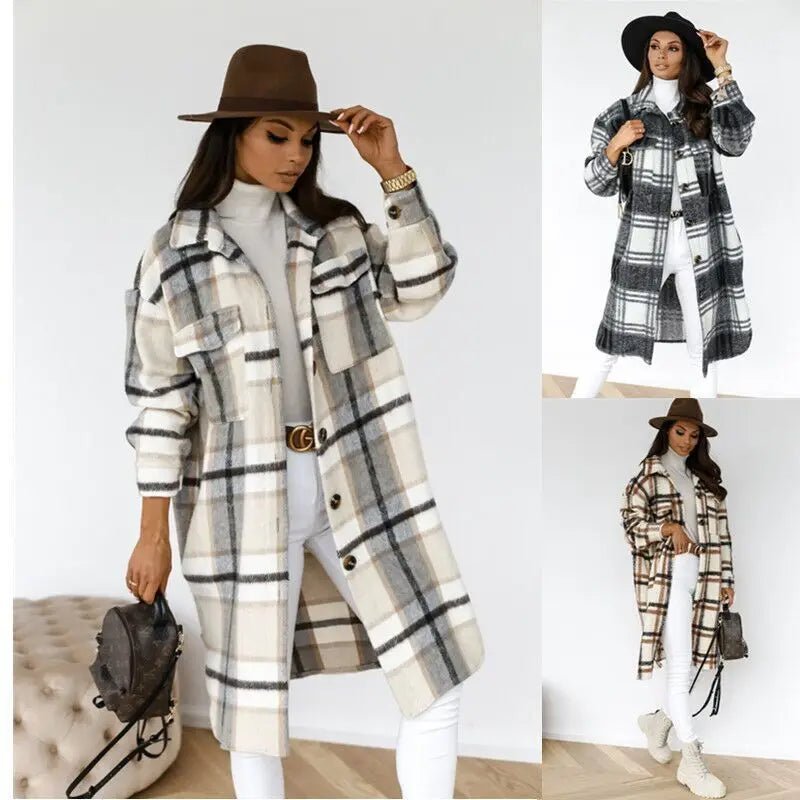 Winter Checked Jacket - Oversized Wool Blend Coat for Women | Warm Outerwear - EverHype