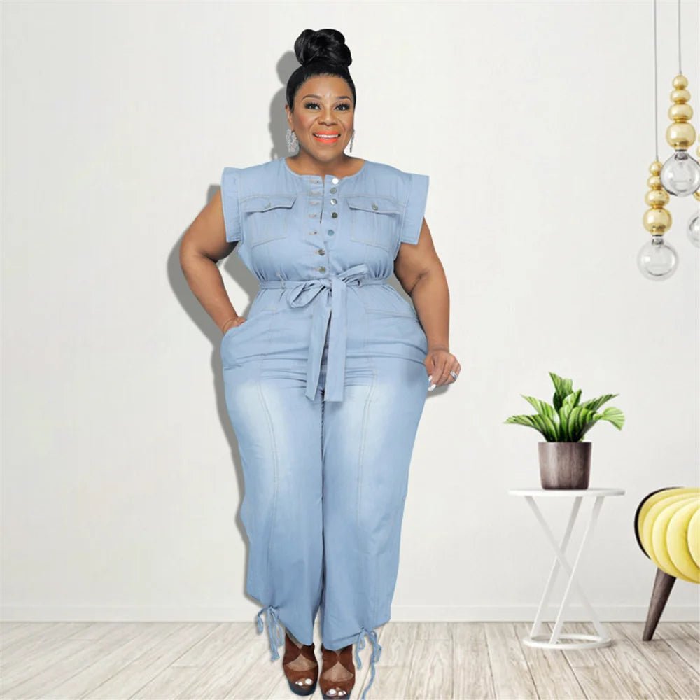 Jumpsuit Plus Size Women Clothing Denim Round Neck Lace Up Sleeveless Trousers Pocket Stretch Bodysuit Wholesale Dropshipping - EverHype