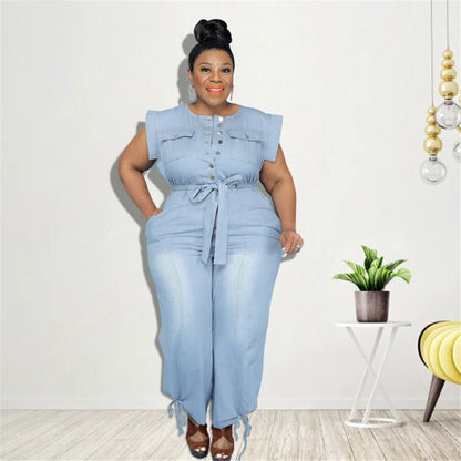 Jumpsuit Plus Size Women Clothing Denim Round Neck Lace Up Sleeveless Trousers Pocket Stretch Bodysuit Wholesale Dropshipping - EverHype