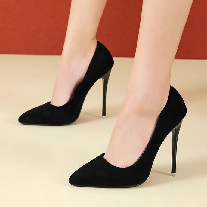 Aphixta 4.72 Inch Super High Stiletto Heels Pumps Women Solid Office Flock Pointed Toe Party Shoes Woman Plus Large Size 44 45 - EverHype