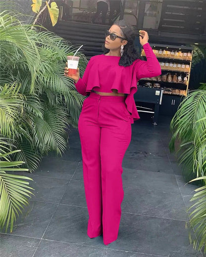 Elegant Work Wear Two Piece Set Fall Clothes for Women Ruffles Crop Top and Wide Leg Pants Suits Matching Sets Sexy Club Outfits - EverHype