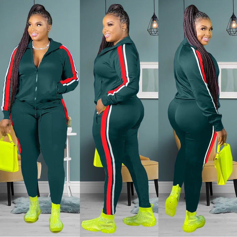 L - 4XL Sport large plus size two piece set women clothing Splicing zip long sleeve top and pants suit Wholesale dropshopping - EverHype
