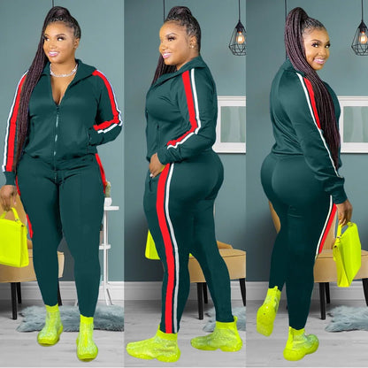 L - 4XL Sport large plus size two piece set women clothing Splicing zip long sleeve top and pants suit Wholesale dropshopping - EverHype