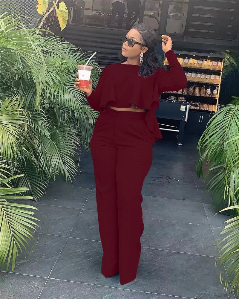 Elegant Work Wear Two Piece Set Fall Clothes for Women Ruffles Crop Top and Wide Leg Pants Suits Matching Sets Sexy Club Outfits - EverHype