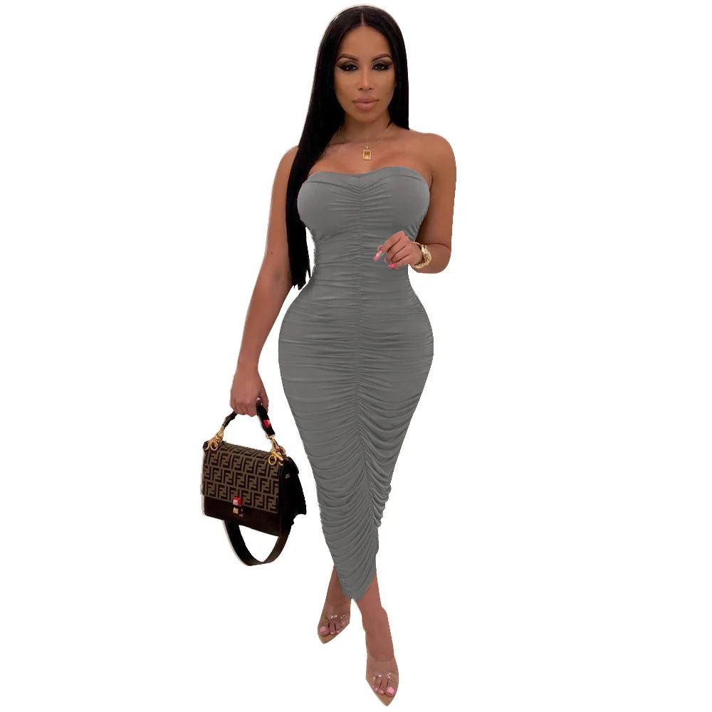 Ruched Bodycon Dress - Strapless Sleeveless Club Dress for Women - EverHype
