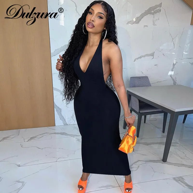 Dulzura Pure Halter V Neck Midi Dress Backless Sleeveless Bodycon Sexy Streetwear Party Elegant Club 2021 Summer Clothes - EverHype