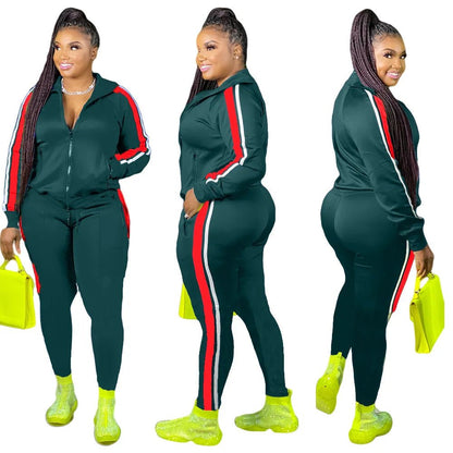 L - 4XL Sport large plus size two piece set women clothing Splicing zip long sleeve top and pants suit Wholesale dropshopping - EverHype