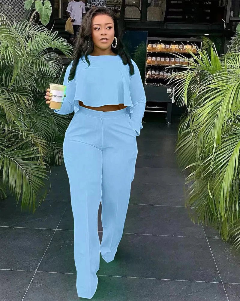 Elegant Work Wear Two Piece Set Fall Clothes for Women Ruffles Crop Top and Wide Leg Pants Suits Matching Sets Sexy Club Outfits - EverHype